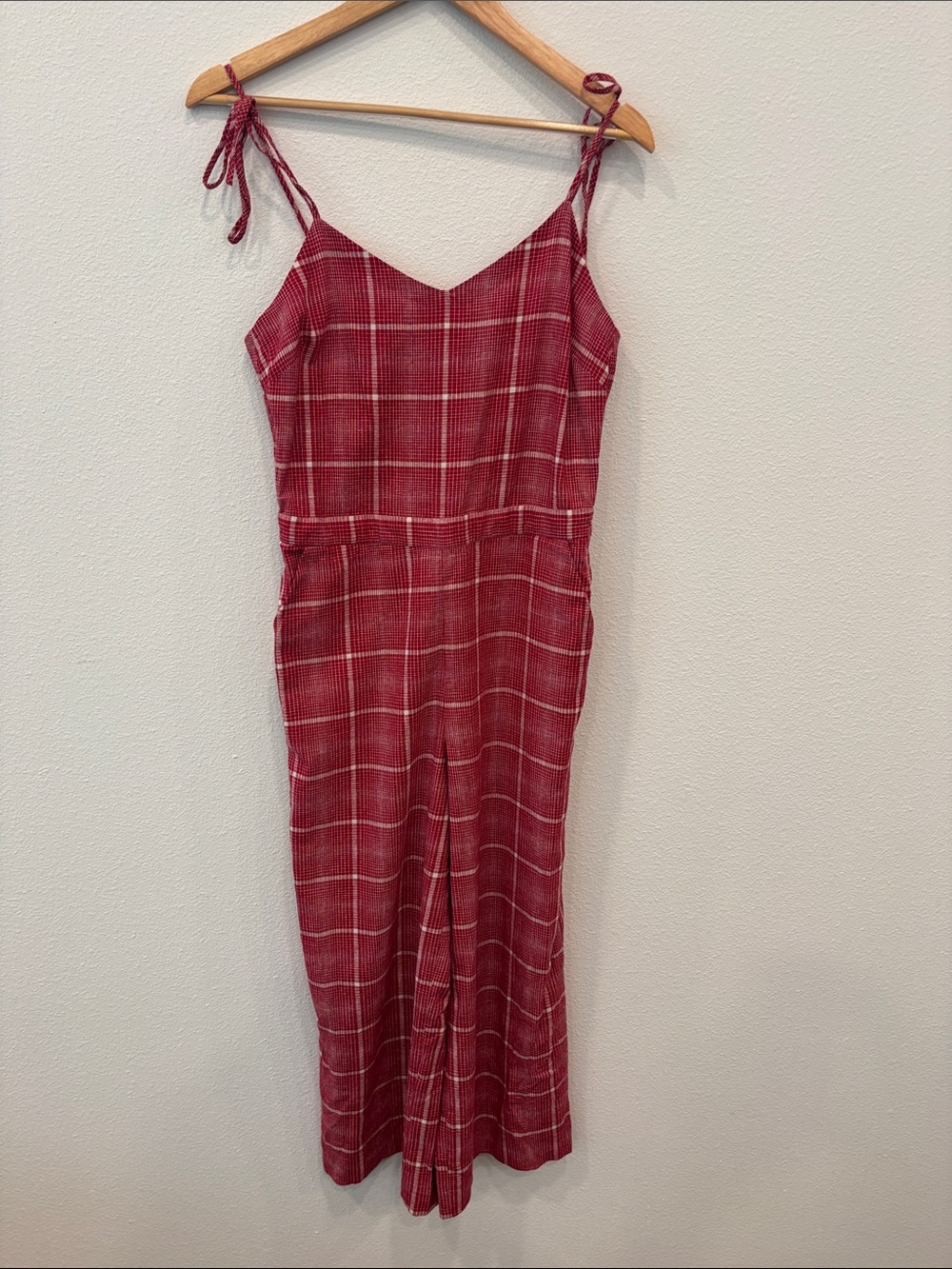 NEW Madewell Linen/Cotton Blend Red Plaid Linen-Blend Tie-Shoulder Jumpsuit